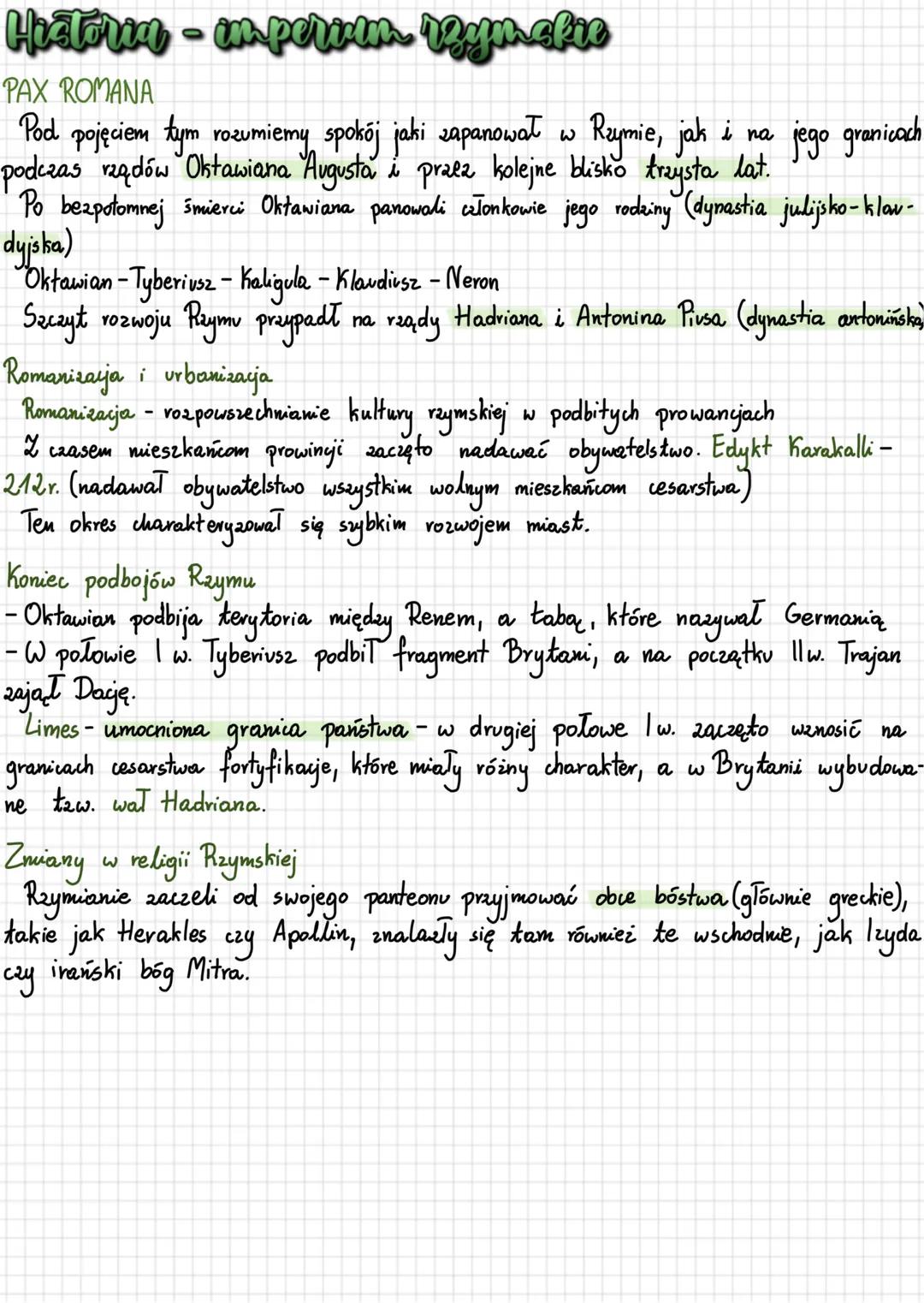 # Historia - imperiem rzymakie
PAX ROMANA
Pod pojęciem tym rozumiemy spokój jaki zapanował w Rzymie, jak i na jego granicach
podczas rządó