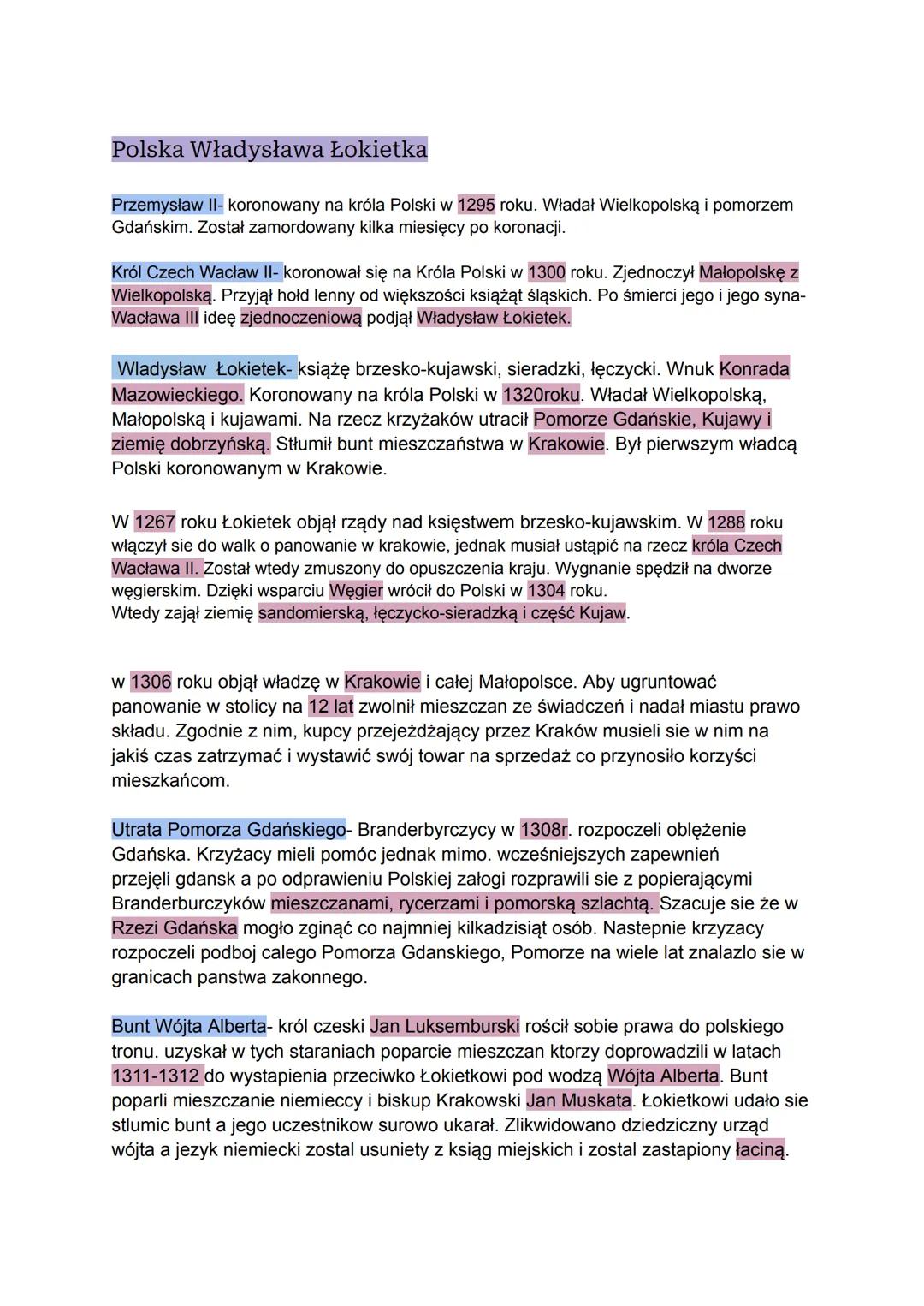 # Polska Władysława Łokietka
Przemysław II- koronowany na króla Polski w 1295 roku. Władał Wielkopolską i pomorzem
Gdańskim. Został zamordo