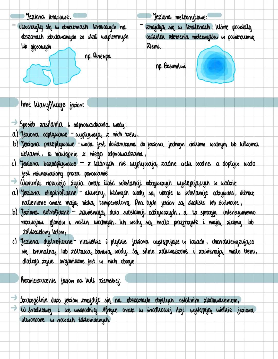 # Jeziora
Warunki powstawania jezion:
- Jexiona - naturalne zaglębienia tevenu wypełnione woda, i pozbawione swobodnej wymiany wód
z wszec
