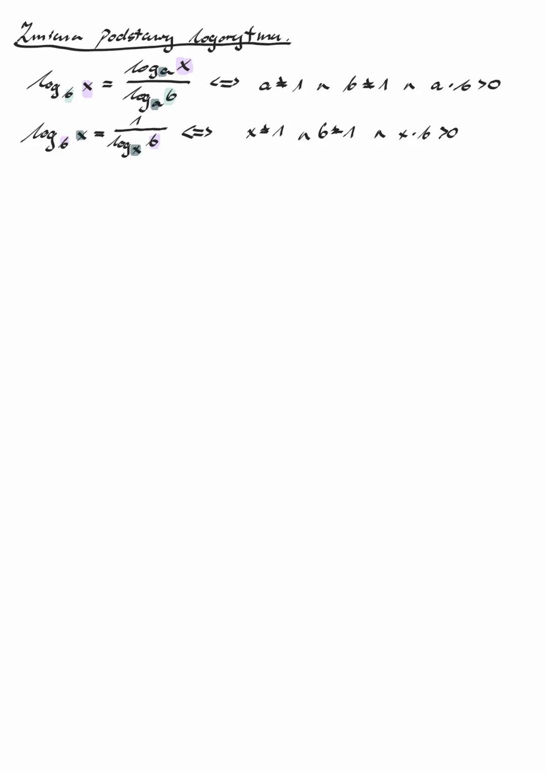 # Zmiana podstawy logarytmu.
$log_6 x = \frac{log_a x}{log_a 6} \iff a \ne 1 \land b \ne 1 \land a, b > 0$
$log_6 x = \frac{1}{log_x 6} \i