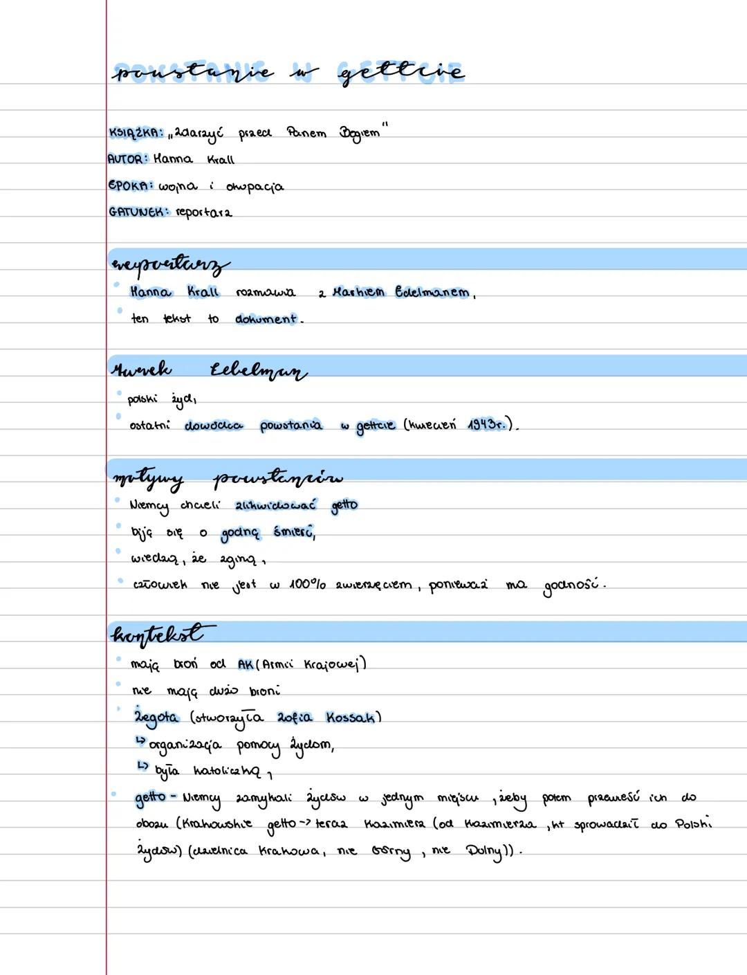 # poustanie w gettive
KSIĄŻKA: Zdarzyć praed Panem Bogiem"
AUTOR: Hanna Krall.
EPOKA: wojna i ohupacia
GATUNEK: reportara.
reportarz
*