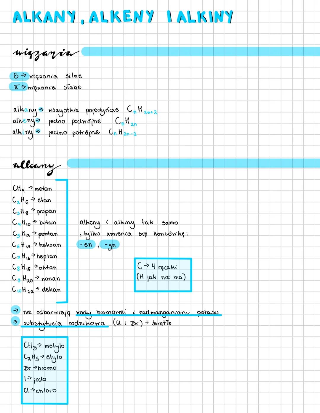 # ALKANY, ALKENY TALKINY
wizzanin
6 Niçzania silne
więzania stabe
alkany wszystkie pojedyncze $C_nH_{2n+2}$
alkheny pecino pochrome $C_