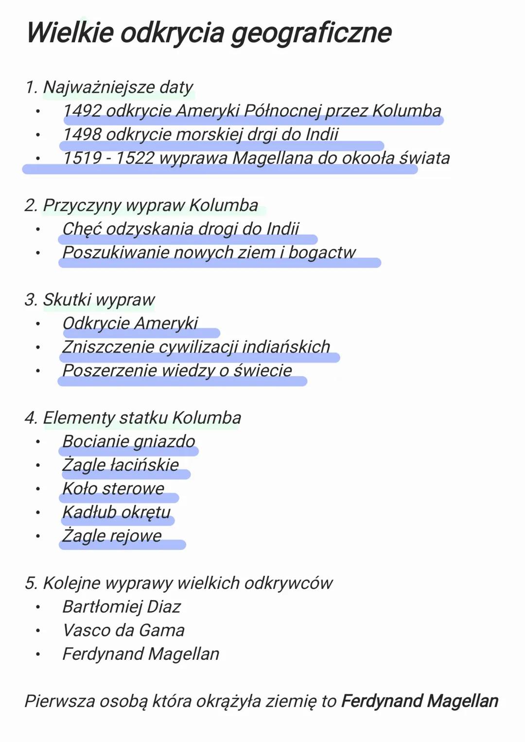 # Wielkie odkrycia geograficzne
1. Najważniejsze daty
* 1492 odkrycie Ameryki Północnej przez Kolumba
* 1498 odkrycie morskiej drgi d