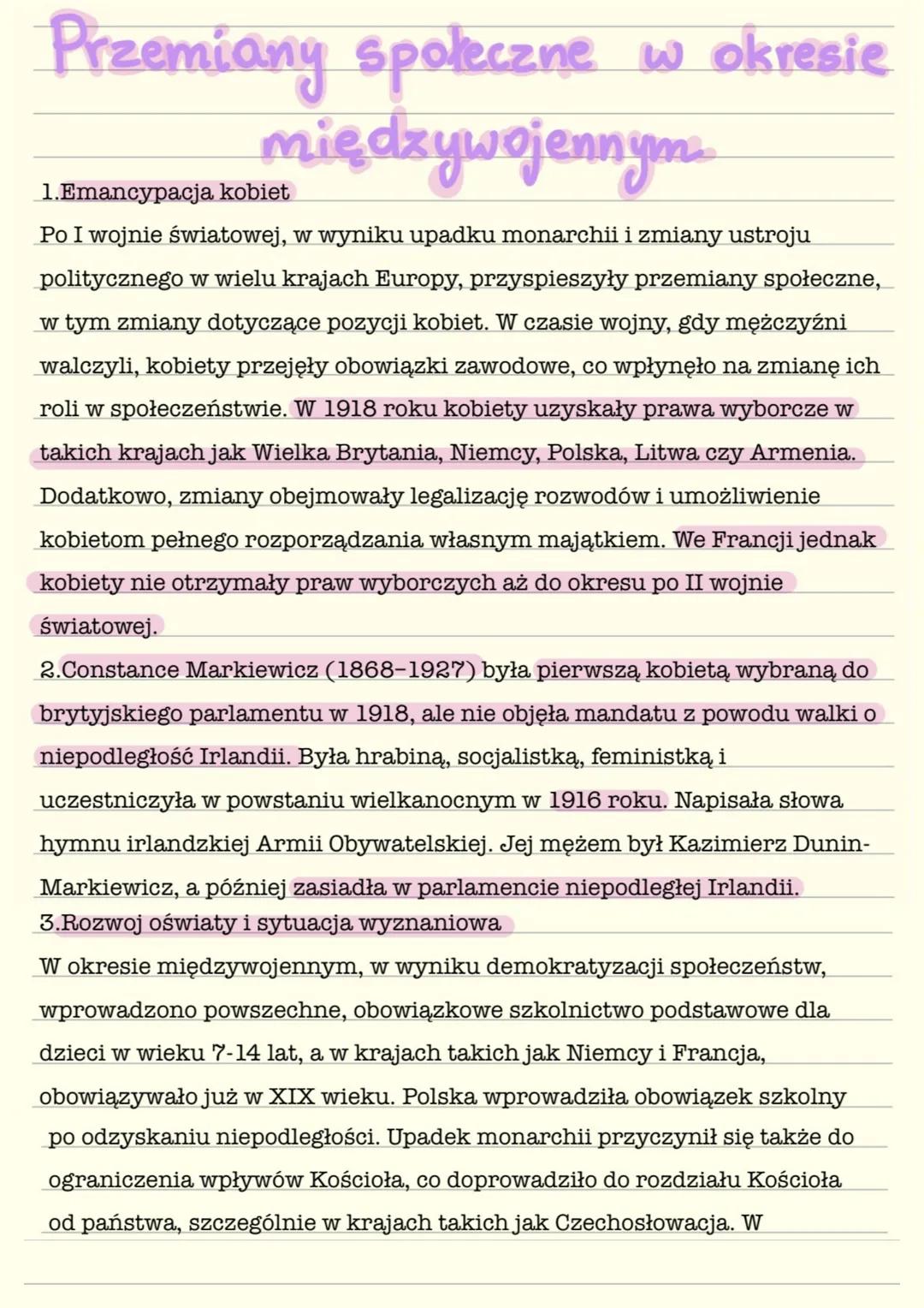 # Przemiany społeczne w okresie
# międzywojennym
1. Emancypacja kobiet
Po I wojnie światowej, w wyniku upadku monarchii i zmiany ustroju
po