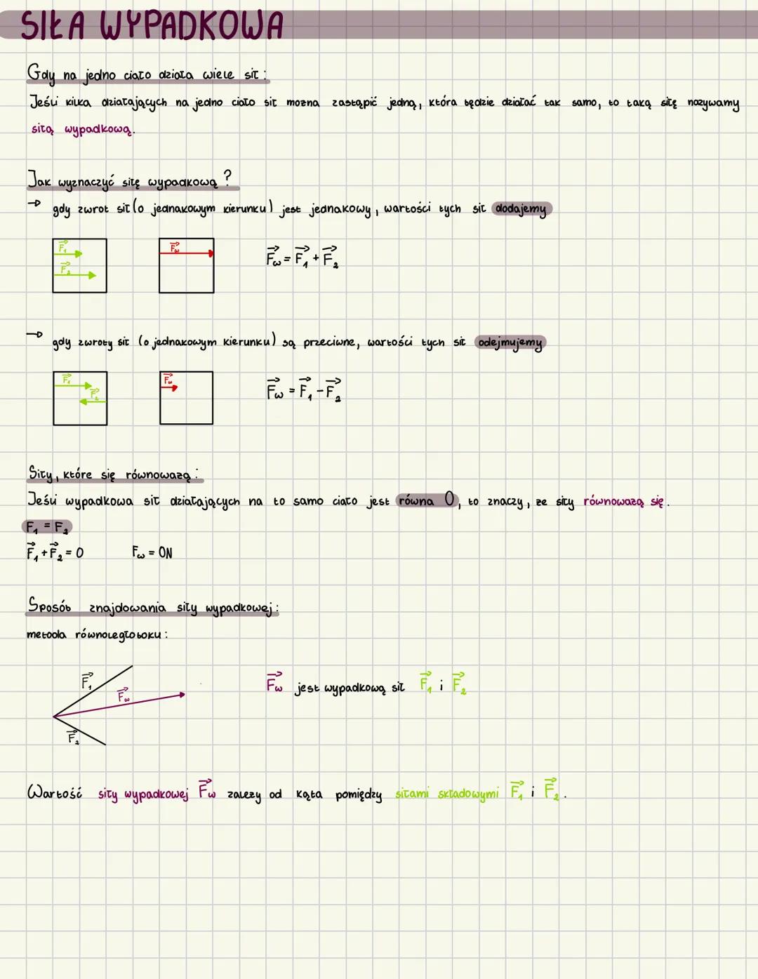 # SIŁA WYPADKOWA
Gdy na jedno ciało działa wiele sił:
Jeżeli kilka działających na jedno ciało sił można zastąpić jedną, która będzie dział