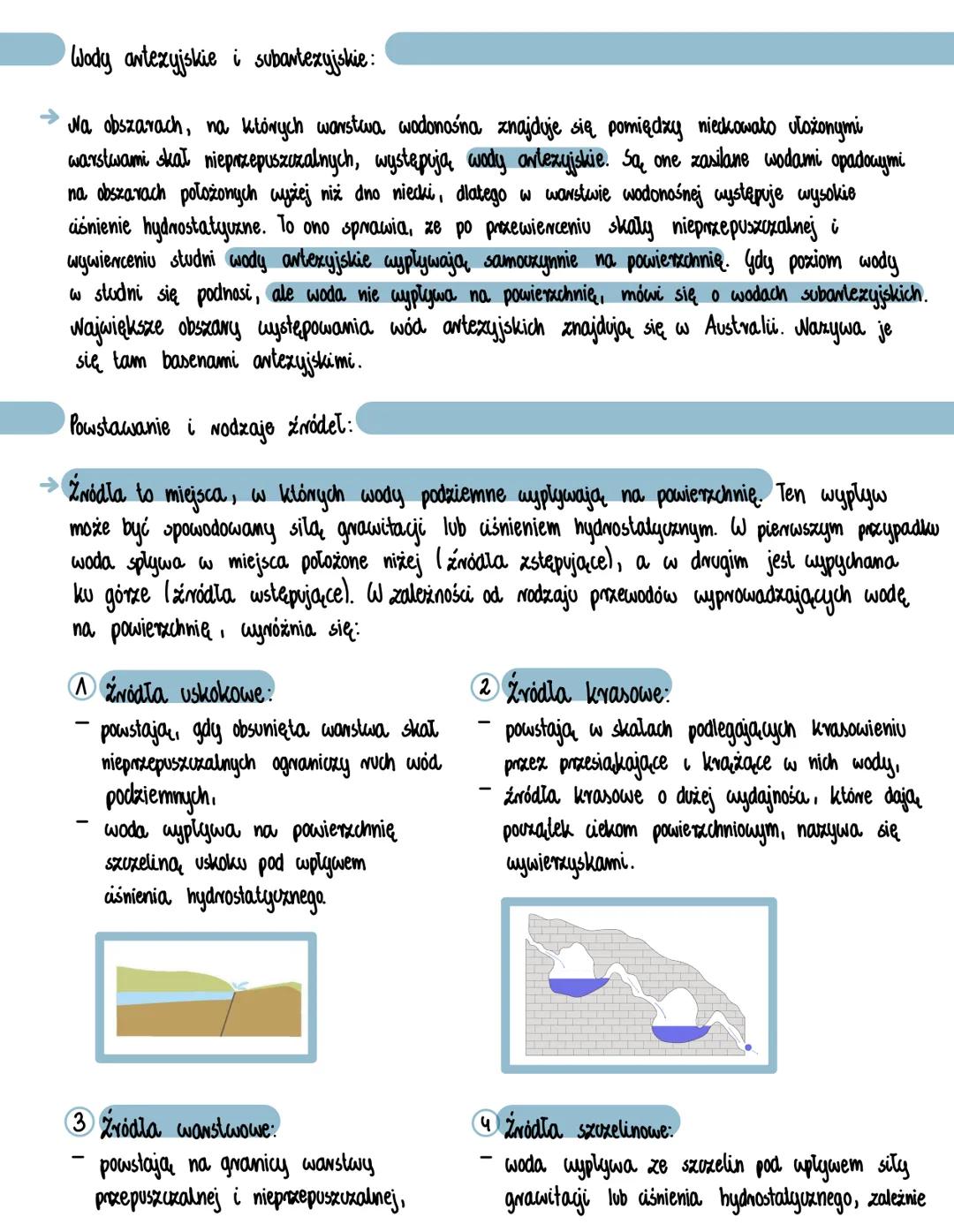 # Wody podziemne
Wody podziemne występują pod powierzchnią ziemi, a także te, które wypełniają pony i
szczeliny skalne onak wolne przestrze