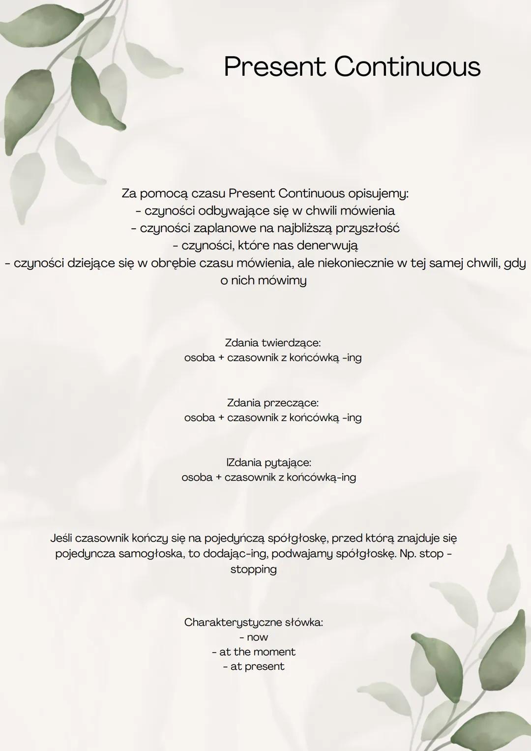 Present Continuous
Za pomocą czasu Present Continuous opisujemy:
- czyności odbywające się w chwili mówienia
- czyności zaplanowe na najbli