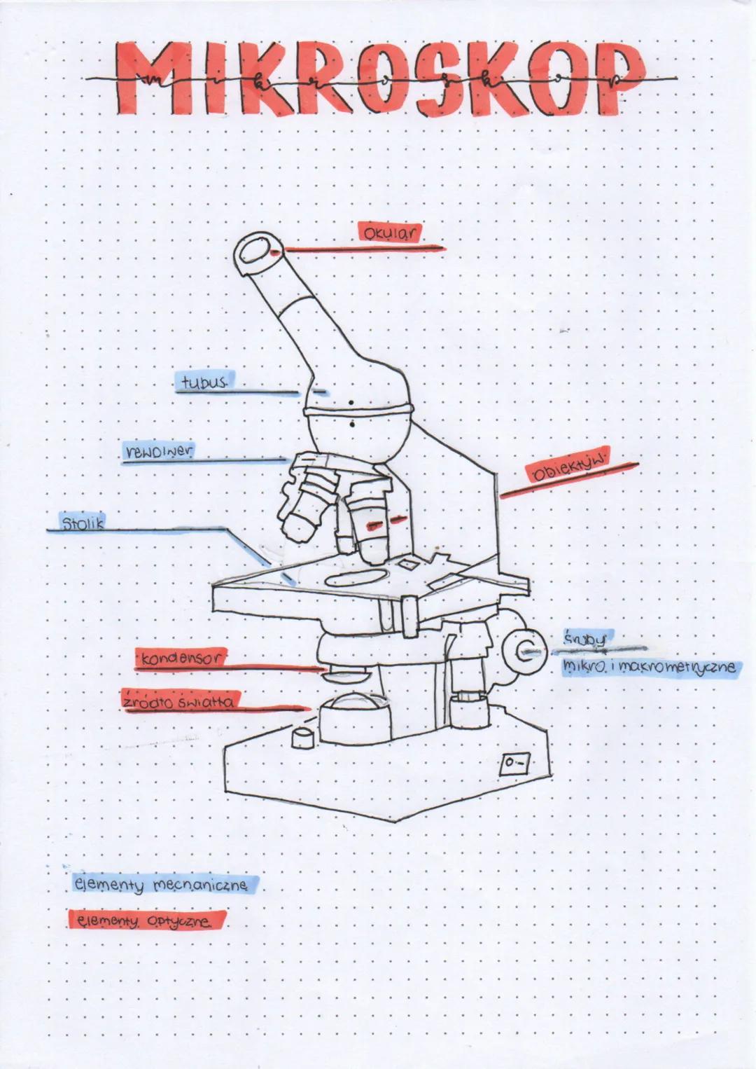 # MIKROSKOP
tubus
Okular
VENDINEr
Obiektyw
Stolik
kondensor
zrodto swiatta
Suby
mikro, i makrometryczne
ejementy mechaniczne
element