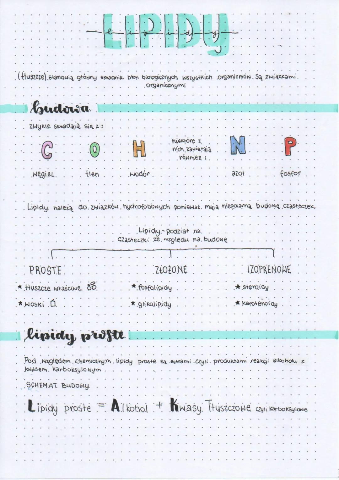 # LIPIDY
(tłuszcze), stanowią główny składnik błon biologicznych wszystkich organizmów. Są związkami.
organicznymi
# budowa
zwykle składa