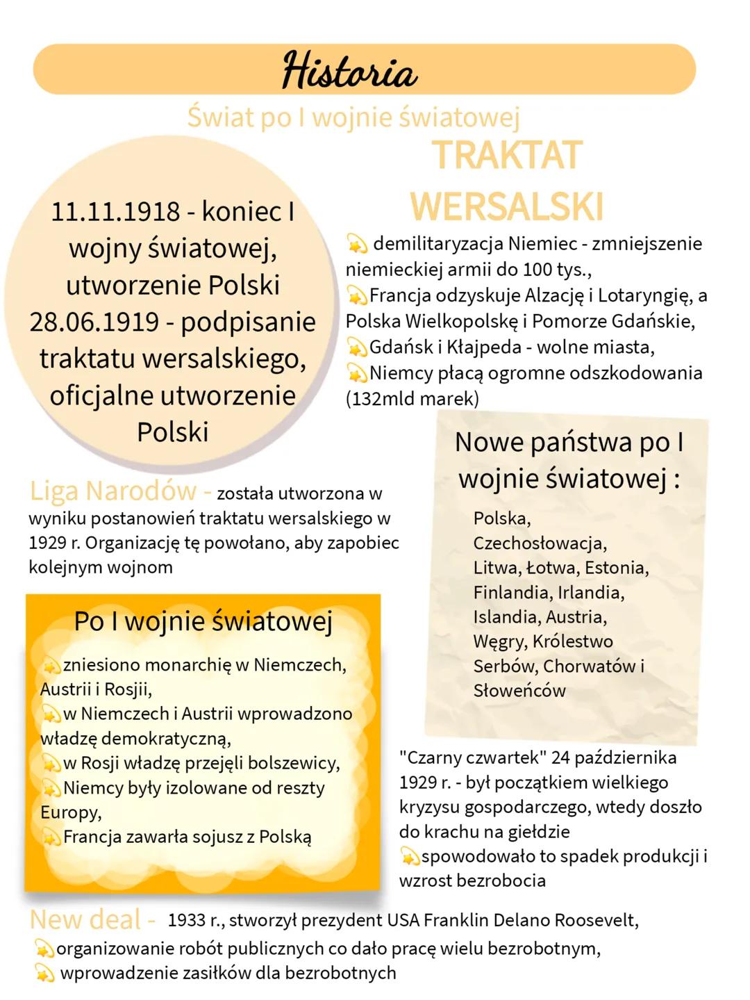 --- OCR Start ---
Historia
Świat po I wojnie światowej
11.11.1918 - koniec I
wojny światowej,
utworzenie Polski
28.06.1919 - podpisanie
trak
