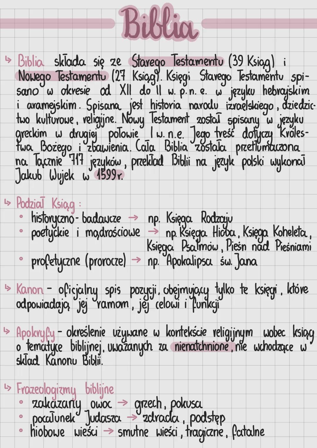# Biblia
- Biblia składa się ze Starego Testamentu (39 Ksiąg) i
Nowego Testamentu (27 Ksiąg). Księgi Starego Testamentu spi-
sano w okresie