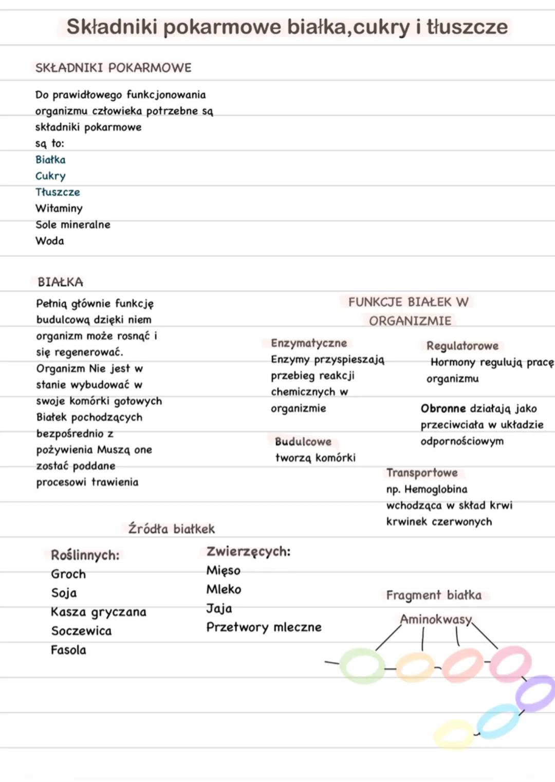 # Składniki pokarmowe białka, cukry i tłuszcze
SKŁADNIKI POKARMOWE
Do prawidłowego funkcjonowania
organizmu człowieka potrzebne są
składni