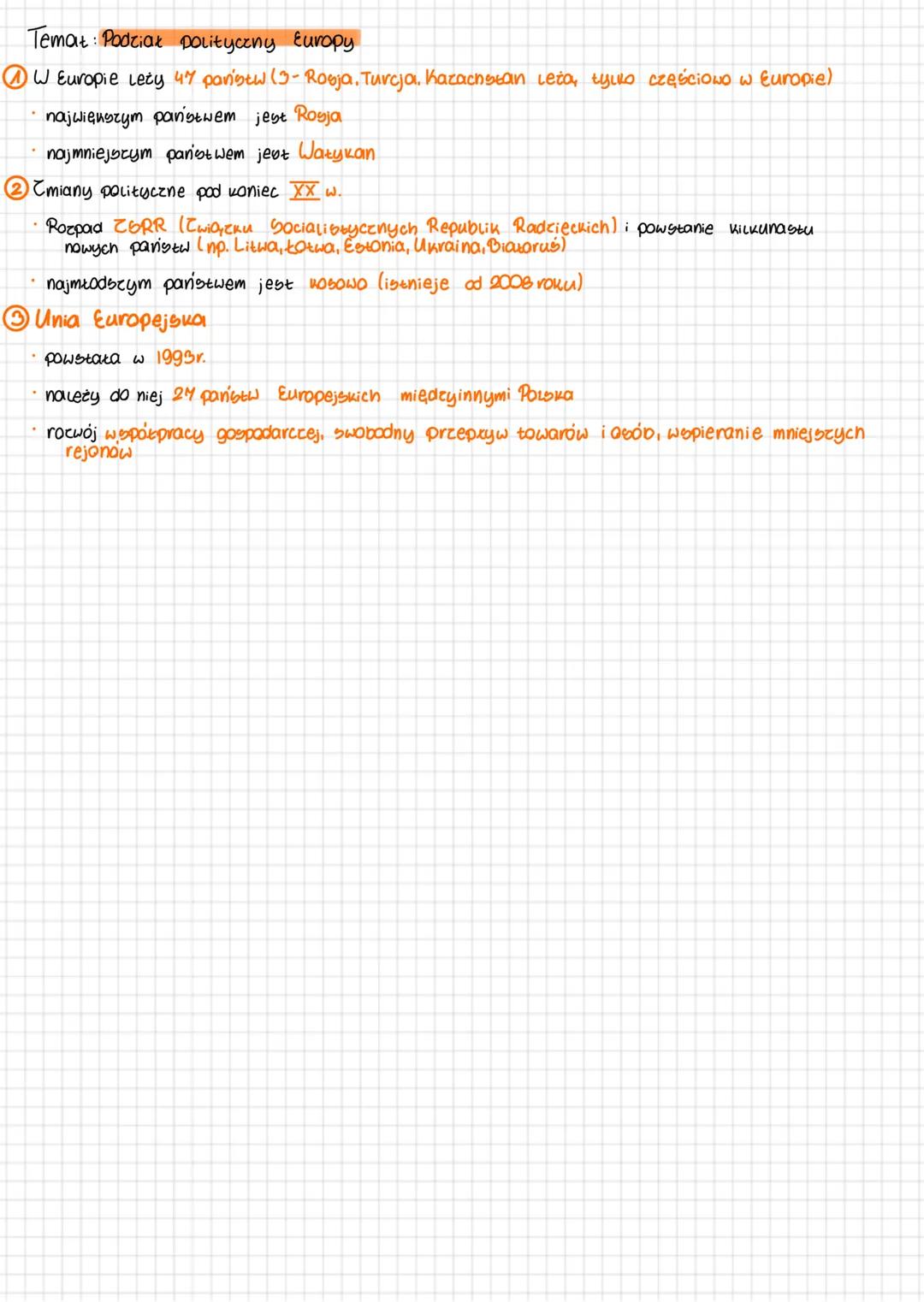 Temat: Podział polityczny Europy
W Europie Lety 47 parisew (3-Rosja. Turcja. Kazachstan leta, tylko częściowo w Europie)
* największym pa