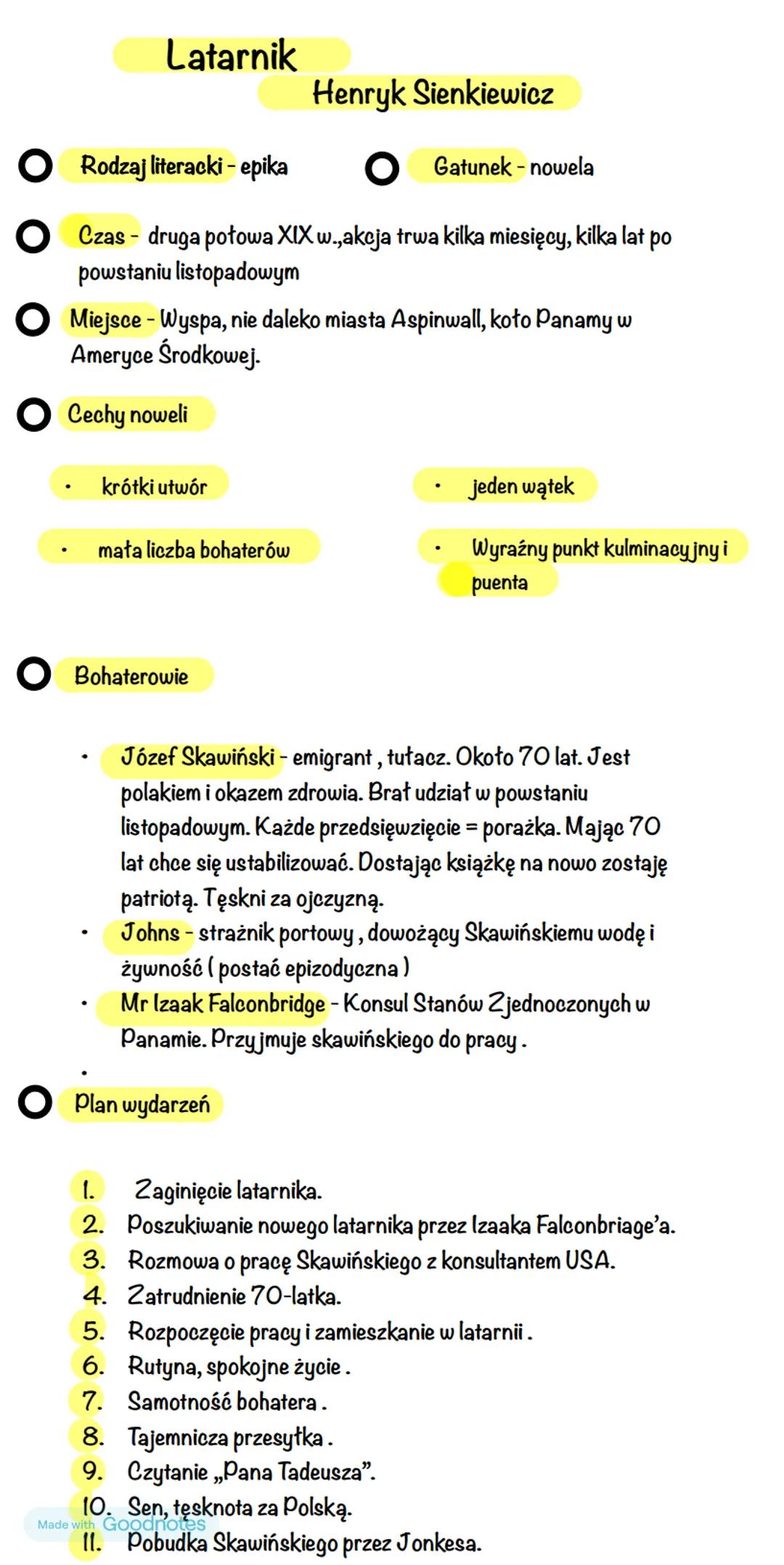 Made with Goodnotes # Latarnik
Henryk Sienkiewicz
Rodzaj literacki - epika
Gatunek - nowela
Czas druga połowa XIX w., akcja trwa kilka mie