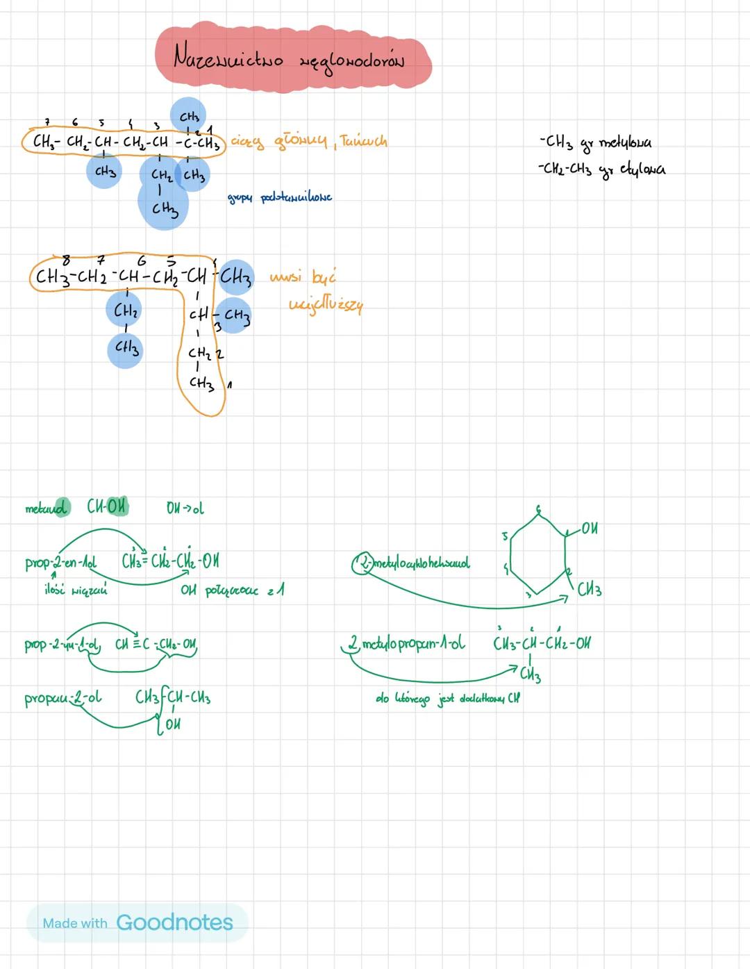 # CHEMIA
Made with Goodnotes 7
6
5
Nazewnictwo węglowodorów
CH₂CH₂CH-CH2-CH-C-CH₃ ciczy główny, Tańcuch
43
CH3
121
CH3
CH2 CH3
grupy podst