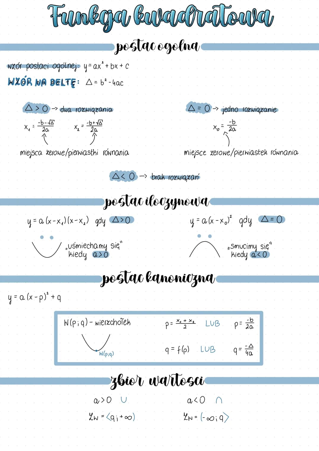 # Funbaga bwadratowa
## postac ogolna
wzór postaci ogólnej y=ax² + bx + c
WXOR NA DELTE: △=6²-4ac
△>O → dwa rozwiązania
x₁= $\frac{-b-\s