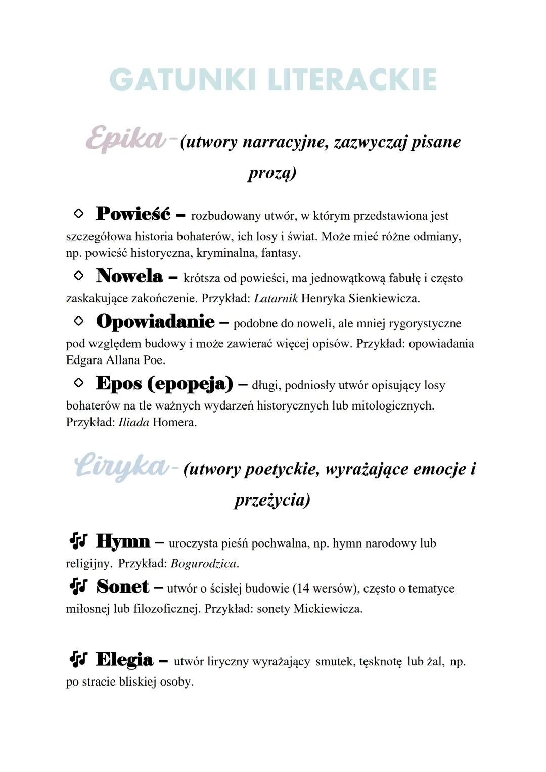 --- OCR Start ---
GATUNKI LITERACKIE
Epika (utwory narracyjne, zazwyczaj pisane
prozą)
◇ Powieść rozbudowany utwór, w którym przedstawiona j