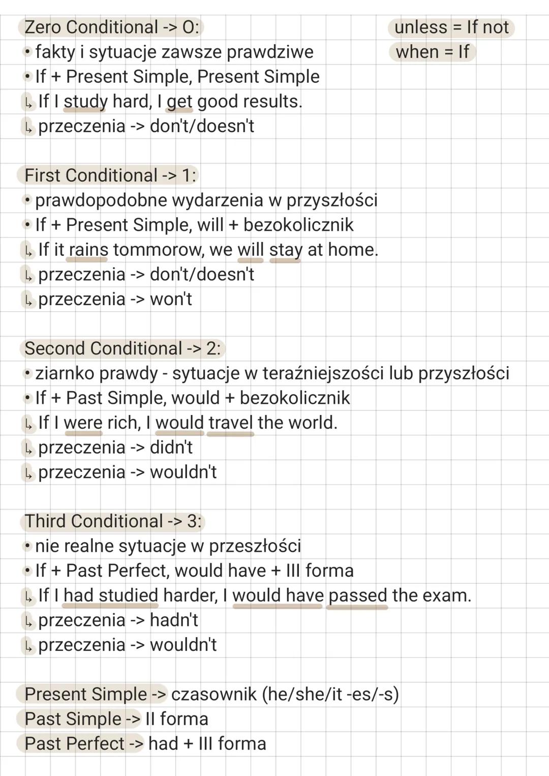 --- OCR Start ---
Zero Conditional -> 0:
• fakty i sytuacje zawsze prawdziwe
• If + Present Simple, Present Simple
If I study hard, I get go