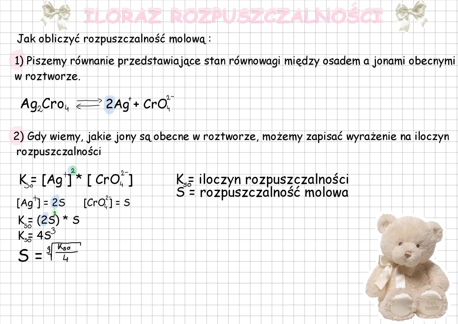 # ILORAZ ROZPUSZCZALNOŚCI
Jak obliczyć rozpuszczalność molową :
1) Piszemy równanie przedstawiające stan równowagi między osadem a jonami