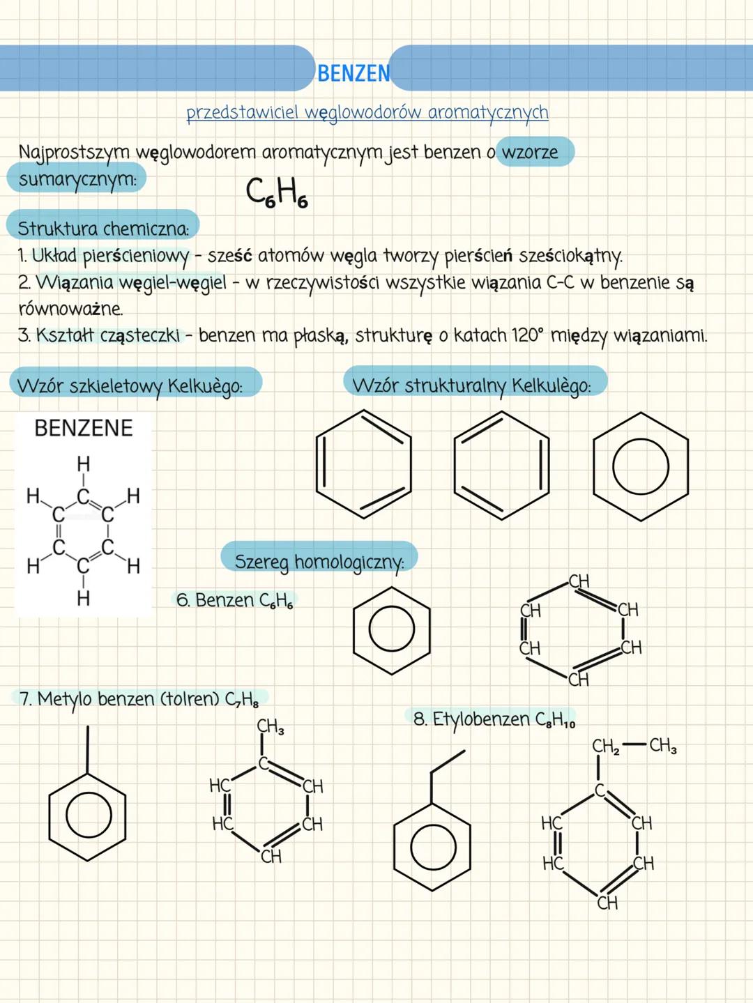 # BENZEN
przedstawiciel węglowodorów aromatycznych
Najprostszym węglowodorem aromatycznym jest benzen o wzorze
sumarycznym:
$CH_6$
Struk