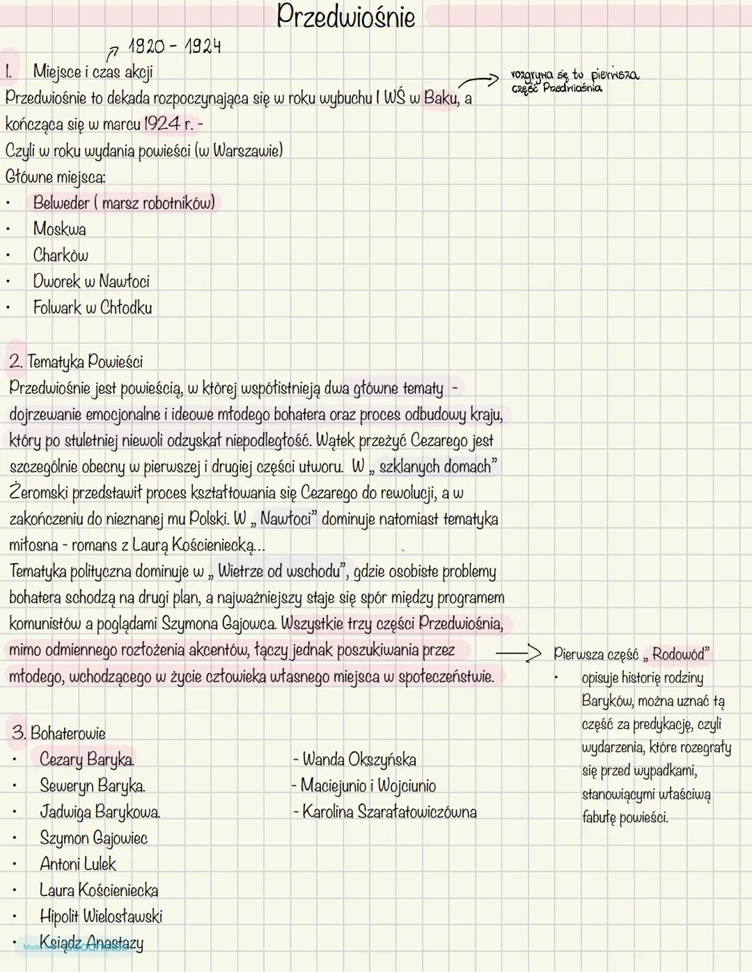 --- OCR Start ---
71920-1924
Przedwiośnie
1. Miejsce i czas akcji
Przedwiośnie to dekada rozpoczynająca się w roku wybuchu I WŚ w Baku, a
ko