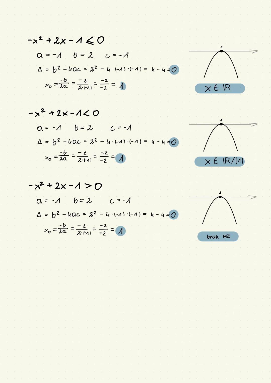 --- OCR Start ---
Zadania
$3x^{2}-2x-1>0$
a=3 b=-2 c=-1
$\Delta=b^{2}-4ac=-2^{2}-4\cdot3\cdot(-1)=4+12=16$
$\sqrt{\Delta}=\sqrt{16}=4$
$x^{1