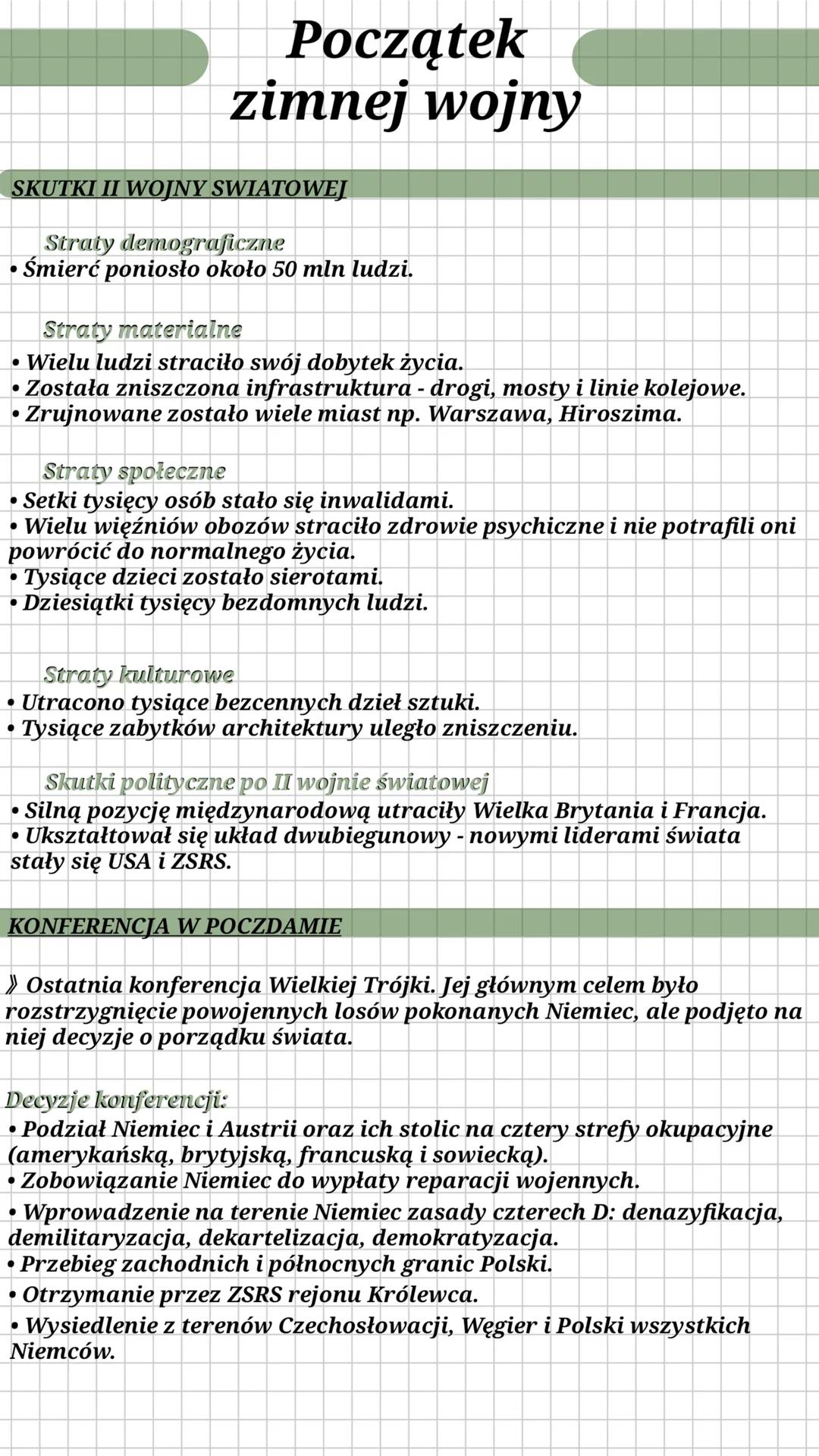 --- OCR Start ---
Początek
zimnej wojny
SKUTKI II WOJNY SWIATOWEJ
Straty demograficzne
• Śmierć poniosło około 50 mln ludzi.
Straty material