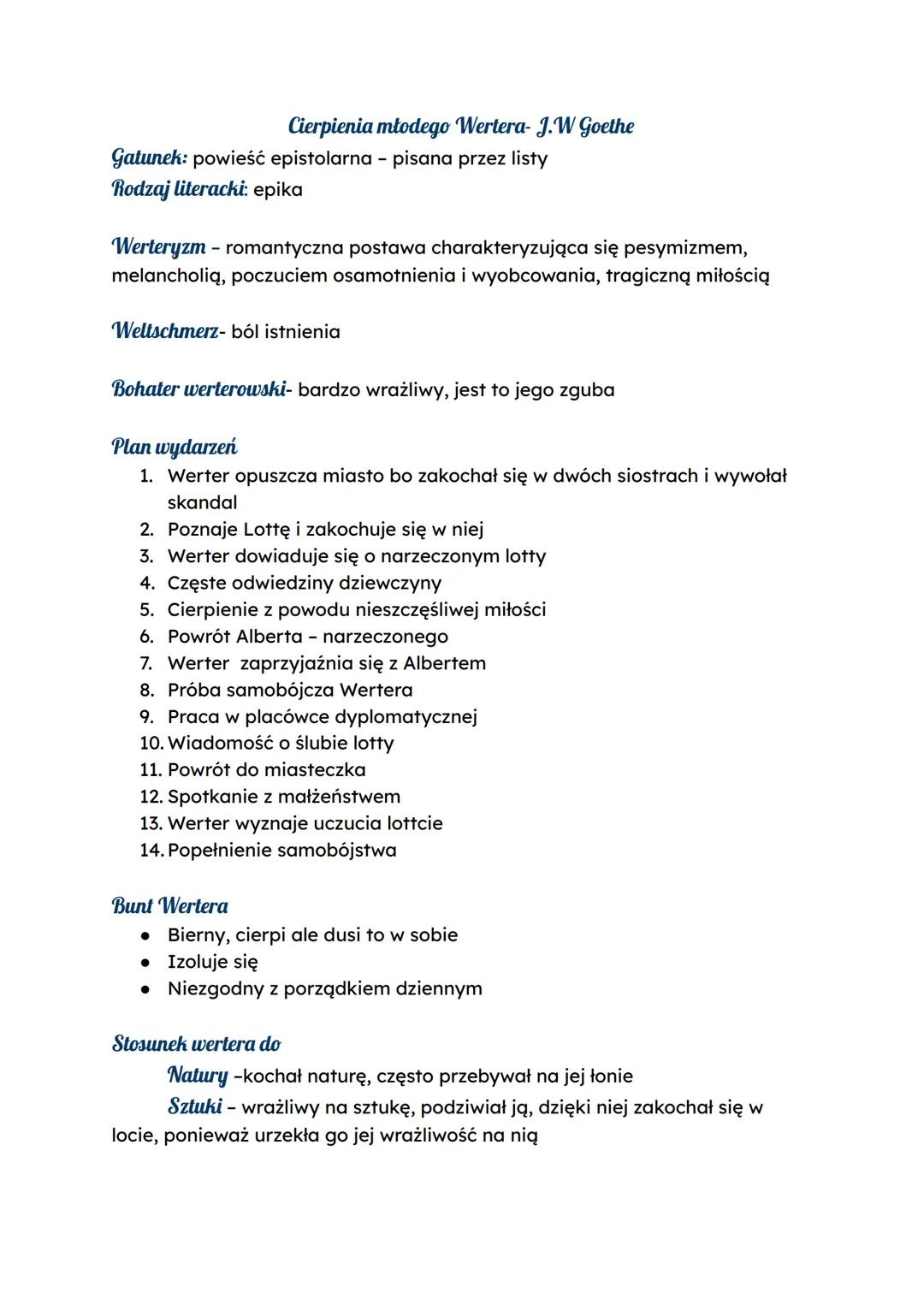 --- OCR Start ---
Cierpienia młodego Wertera- J.W Goethe
Gatunek: powieść epistolarna - pisana przez listy
Rodzaj literacki: epika
Werteryzm