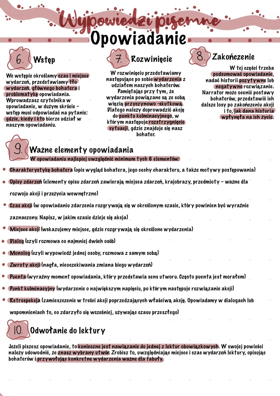 # Wypowiedzi pisemne
# Opowiadanie
1. **Definicja**
Opowiadanie to gatunek literacki zaliczany do epiki. Jest napisane
prozą, zawiera fabuł