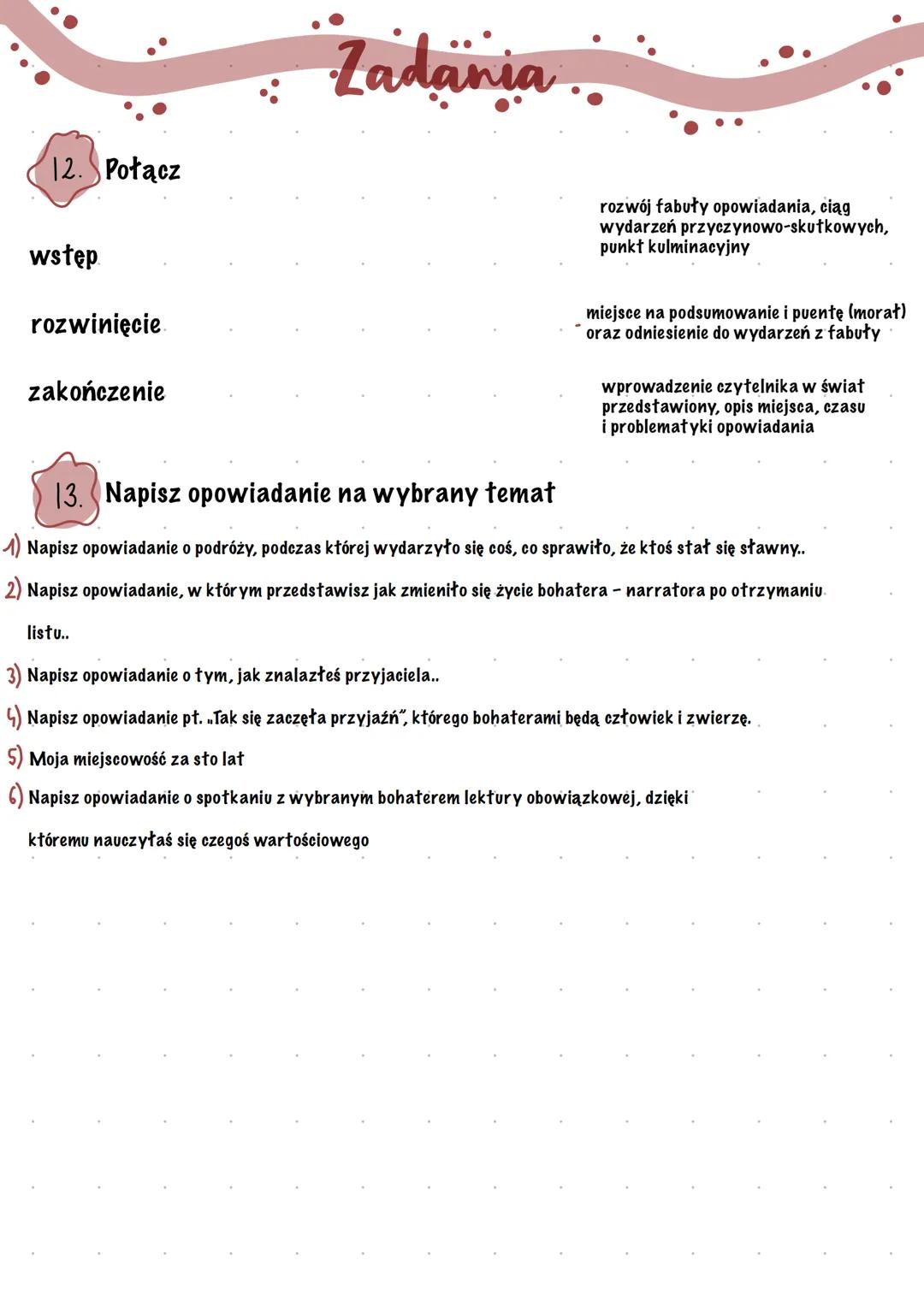 # Wypowiedzi pisemne
# Opowiadanie
1. **Definicja**
Opowiadanie to gatunek literacki zaliczany do epiki. Jest napisane
prozą, zawiera fabuł