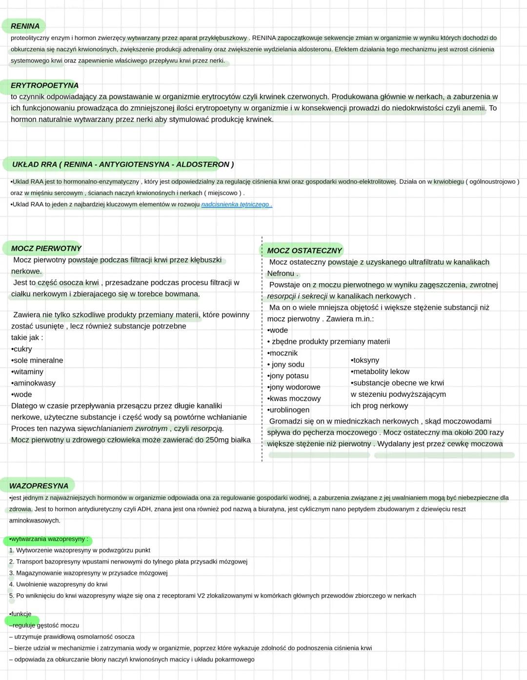 # Budowa makroskopowa
nerki
# Budowa Nefronu (elementy po kolei, co każdy robi + procesy )
tętniczka doprowadzająca
z krwi pobierane:
cukie