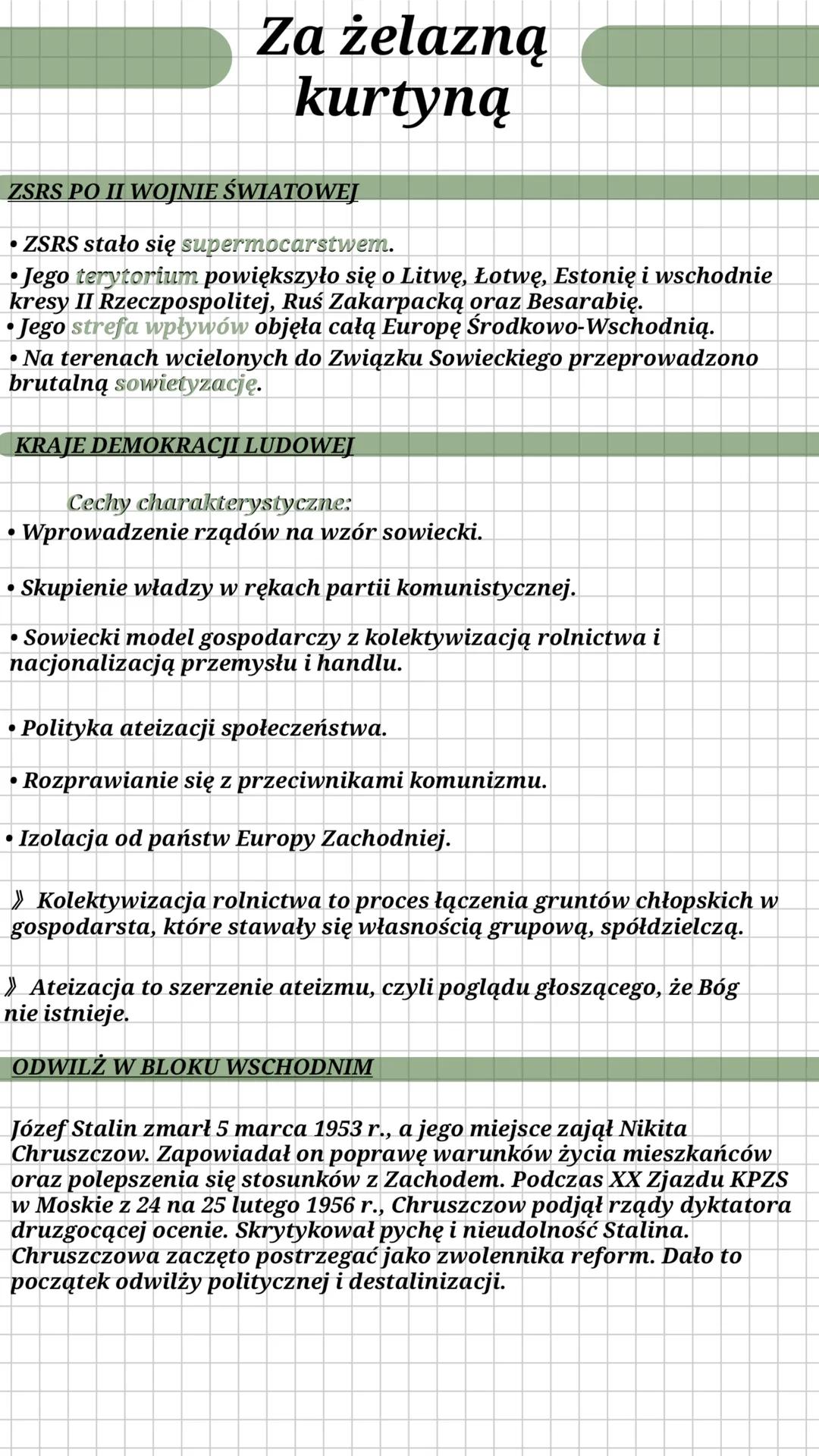 --- OCR Start ---
Za żelazną
kurtyną
ZSRS PO II WOJNIE ŚWIATOWEJ
• ZSRS stało się supermocarstwem.
• Jego terytorium powiększyło się o Litwę