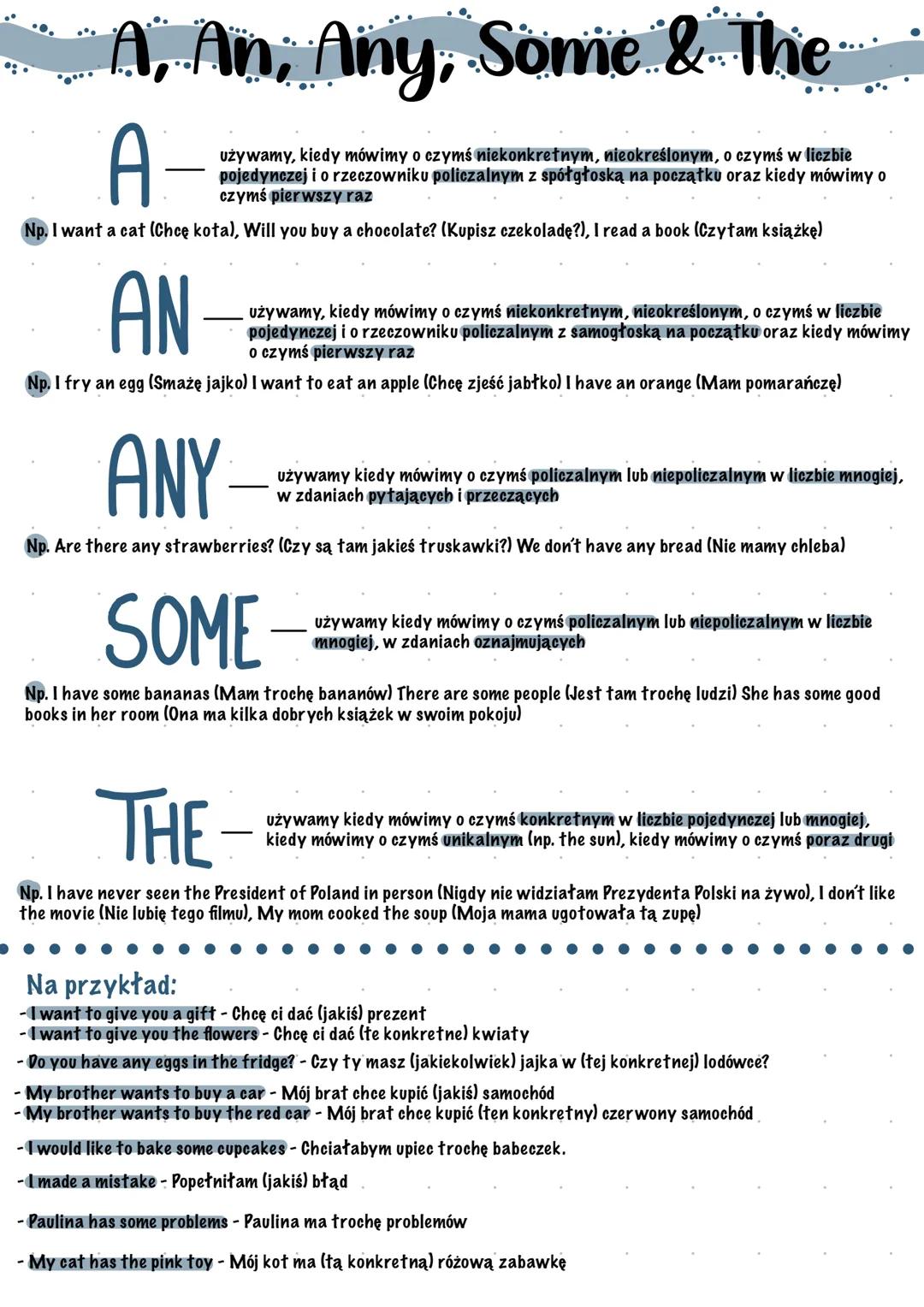 --- OCR Start ---
A, An, Any, Some & The
używamy, kiedy mówimy o czymś niekonkretnym, nieokreślonym, o czymś w liczbie
pojedynczej i o rzecz