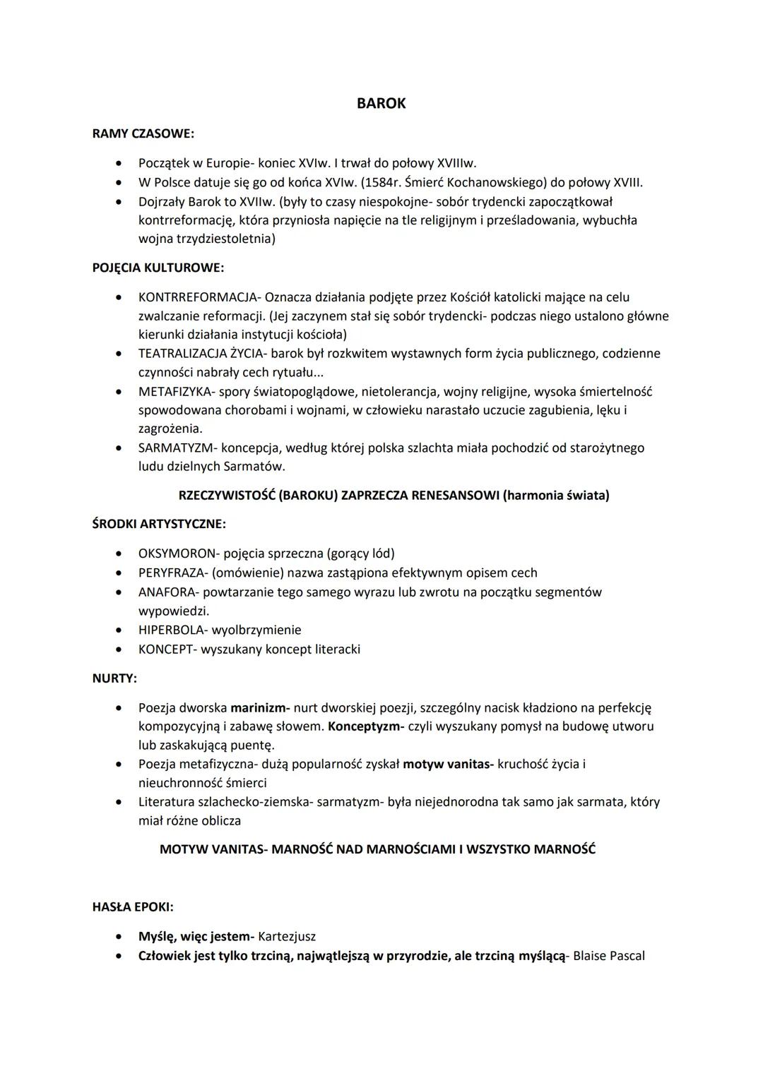 # BAROK
RAMY CZASOWE:
* Początek w Europie- koniec XVIw. I trwał do połowy XVIIIw.
* W Polsce datuje się go od końca XVIw. (1584r. Śmi