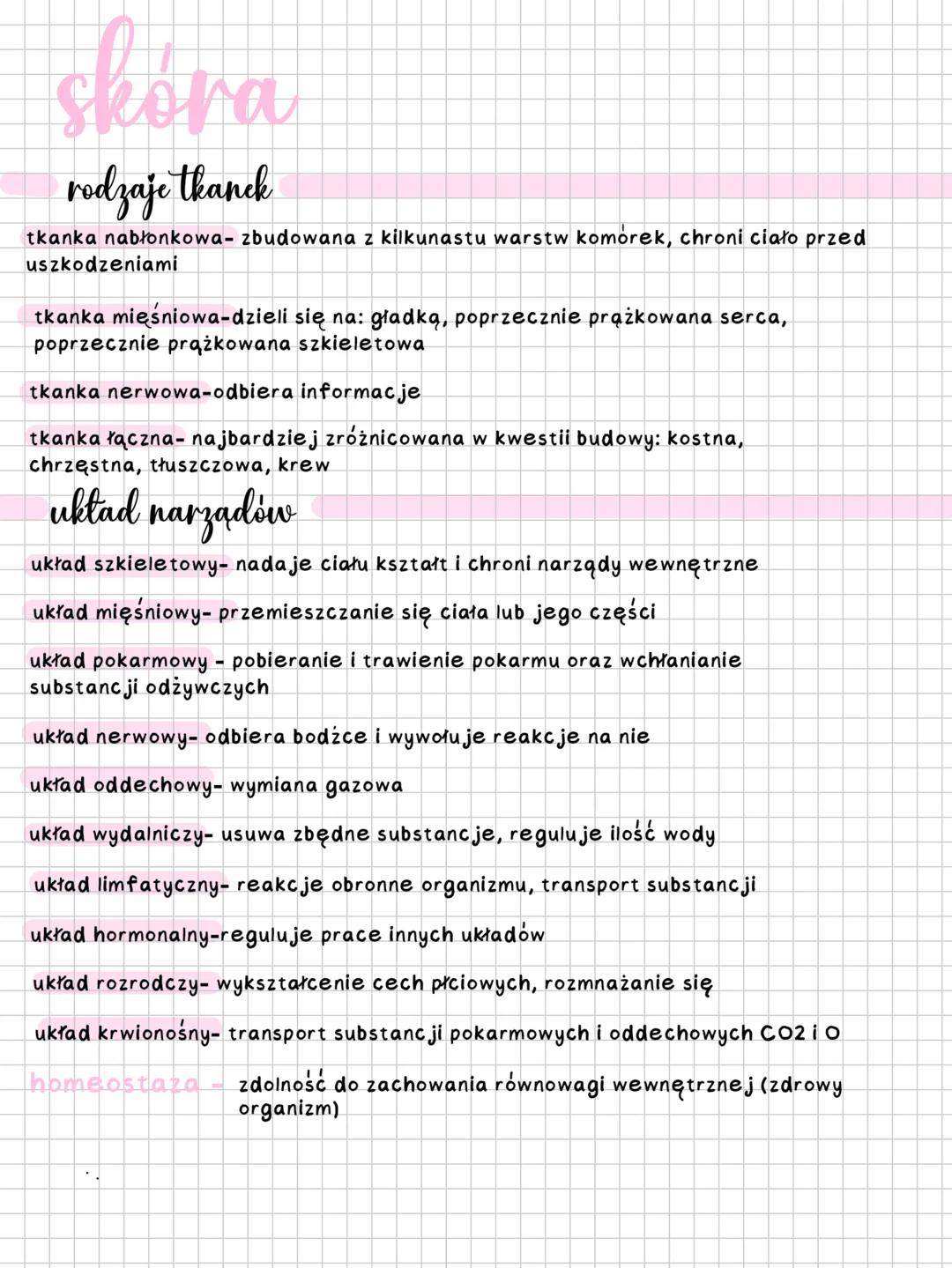 --- OCR Start ---
s skóra
rodzaje tkanek
tkanka nabłonkowa-zbudowana z kilkunastu warstw komorek, chroni ciało przed
uszkodzeniami
tkanka mi