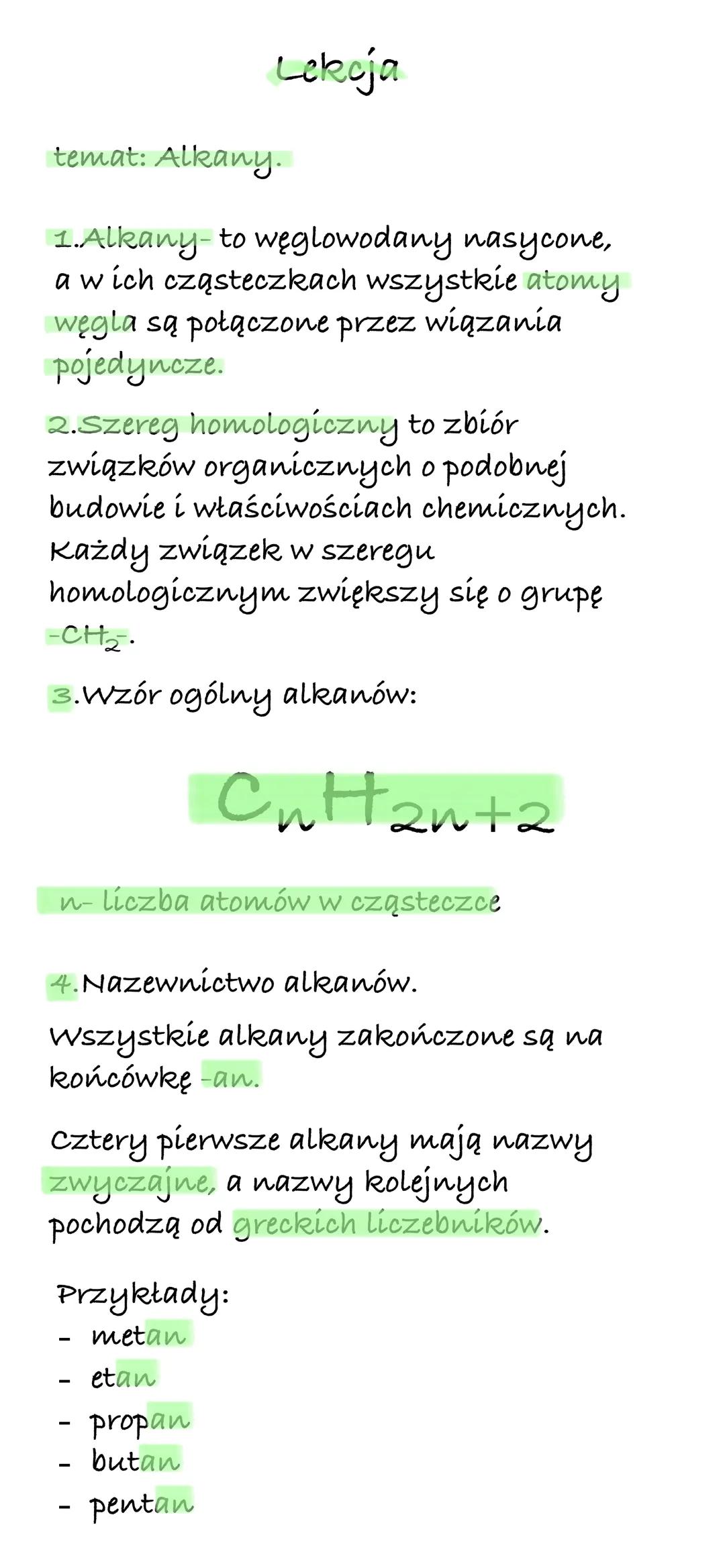 Lekoja
temat: Alkany.
1. Alkany- to węglowodany nasycone,
a w ich cząsteczkach wszystkie atomy
węgla są połączone przez wiązania
pojedyncz