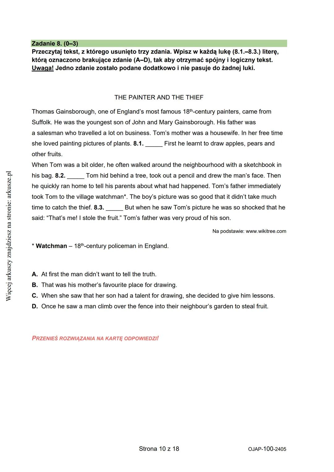 --- OCR Start ---
Więcej arkuszy znajdziesz na stronie: arkusze.pl
CENTRALNA
KOMISJA
EGZAMINACYJNA
KOD UCZNIA
WYPEŁNIA UCZEŃ
PESEL
Arkusz za