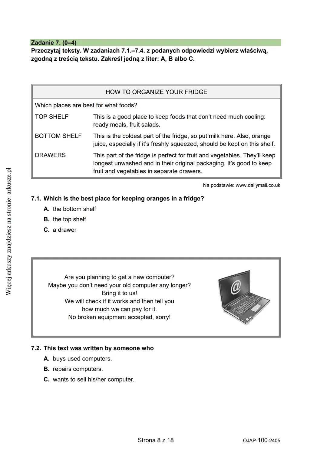 --- OCR Start ---
Więcej arkuszy znajdziesz na stronie: arkusze.pl
CENTRALNA
KOMISJA
EGZAMINACYJNA
KOD UCZNIA
WYPEŁNIA UCZEŃ
PESEL
Arkusz za