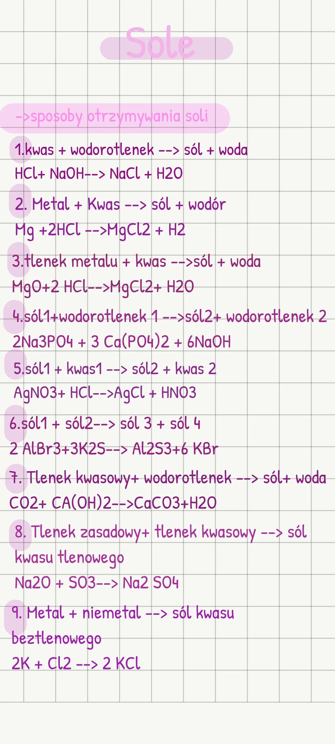 Sole
->sposoby otrzymywania soli
1.kwas + wodorotlenek --> sól + woda
HCl+ NaOH--> NaCl + H2O
2. Metal + Kwas --> sól + wodór
Mg +2HCl --