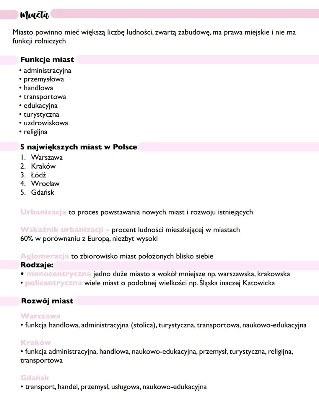 --- OCR Start ---
Miasta
Miasto powinno mieć większą liczbę ludności, zwartą zabudowę, ma prawa miejskie i nie ma
funkcji rolniczych
Funkcje