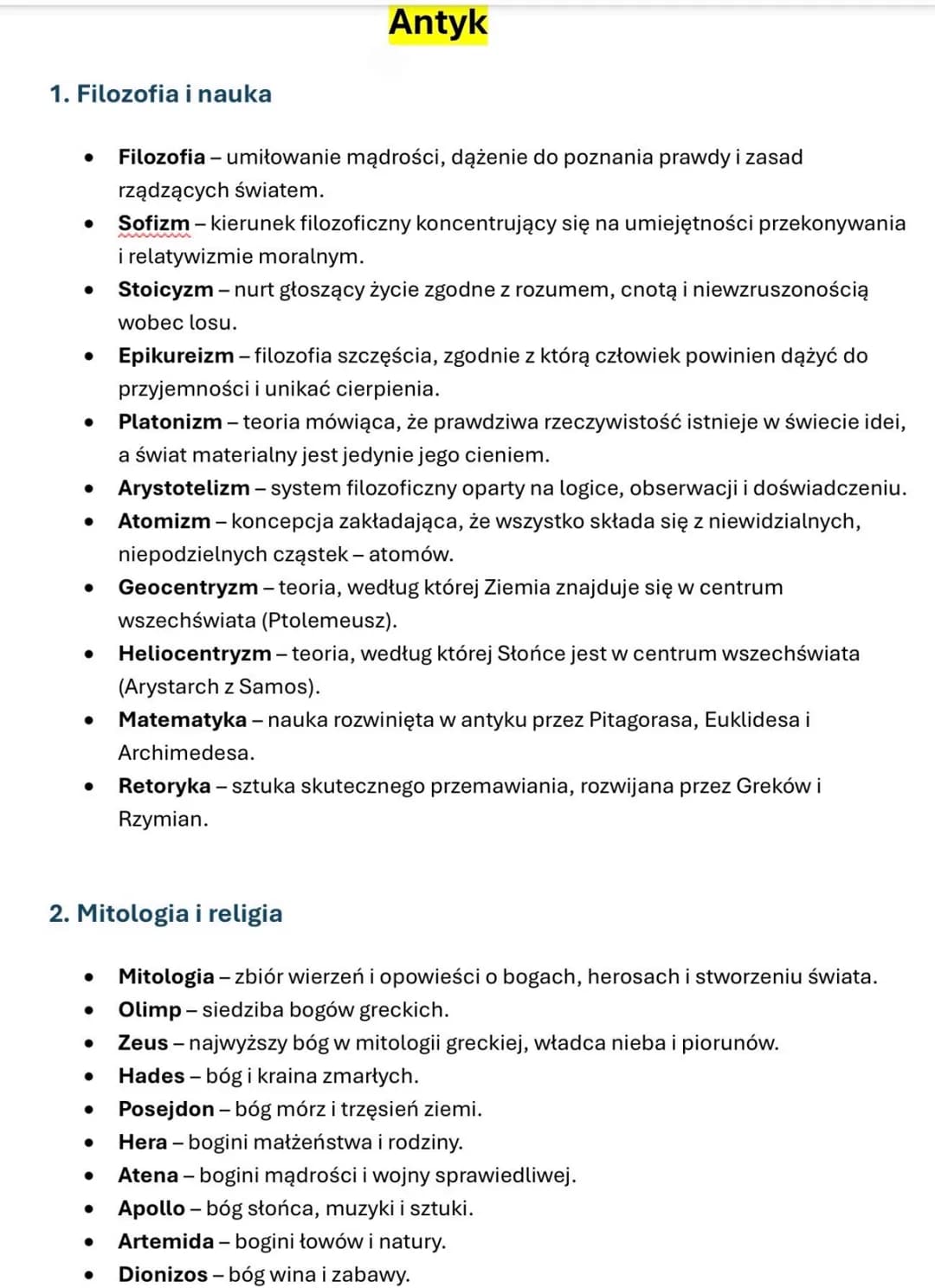 # Antyk
1. Filozofia i nauka
- Filozofia - umiłowanie mądrości, dążenie do poznania prawdy i zasad
rządzących światem.
- Sofizm - kierunek