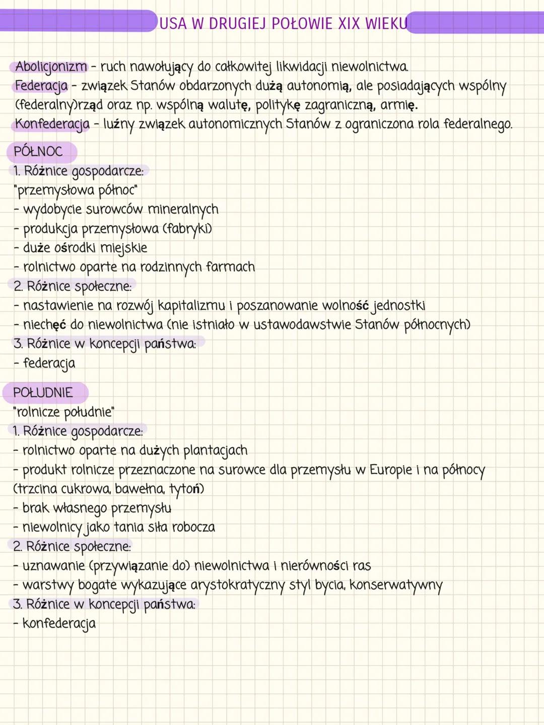 # USA W DRUGIEJ POŁOWIE XIX WIEKU
Abolicjonizm - ruch nawołujący do całkowitej likwidacji niewolnictwa.
Federacja - związek Stanów obdarzon