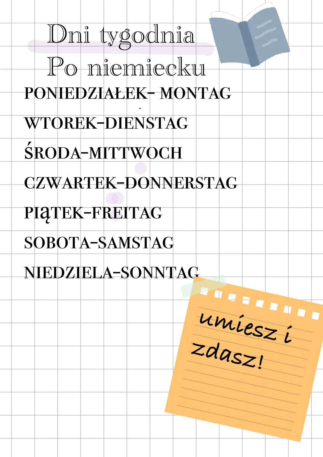--- OCR Start ---
Dni tygodnia
Po niemiecku
PONIEDZIAŁEK– MONTAG
WTOREK-DIENSTAG
ŚRODA-MITTWOCH
CZWARTEK-DONNERSTAG
PIĄTEK-FREITAG
SOBOTA-SA