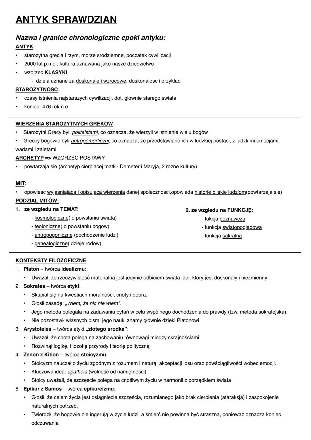 --- OCR Start ---
ANTYK SPRAWDZIAN
Nazwa i granice chronologiczne epoki antyku:
ANTYK
- starozytna grecja i rzym, morze srodziemne, poczatek