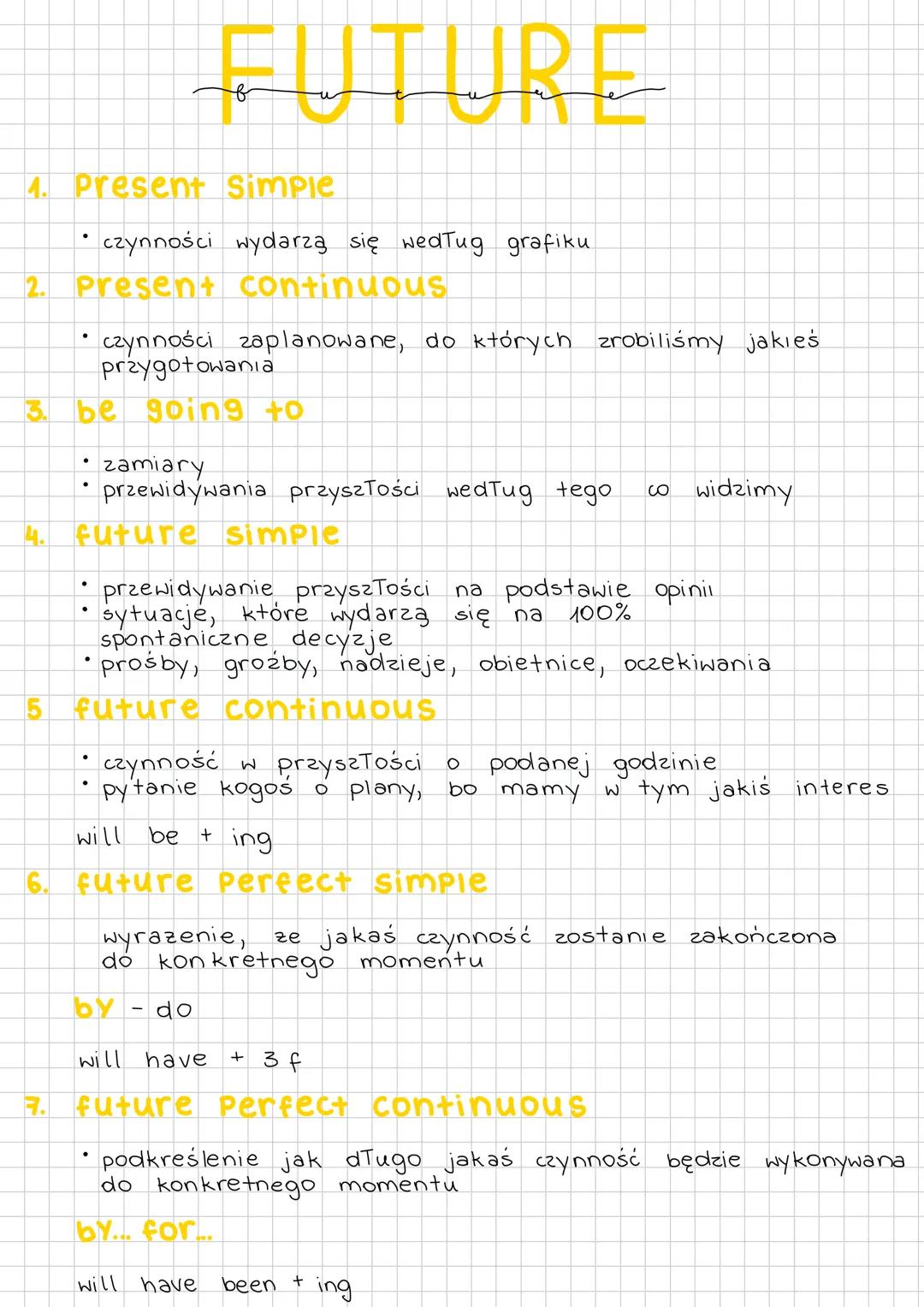 # FUTURE
4. Present simple
* czynności wydarzą się według grafiku
2. Present continuous
* czynności zaplanowane, do których zrobiliśmy