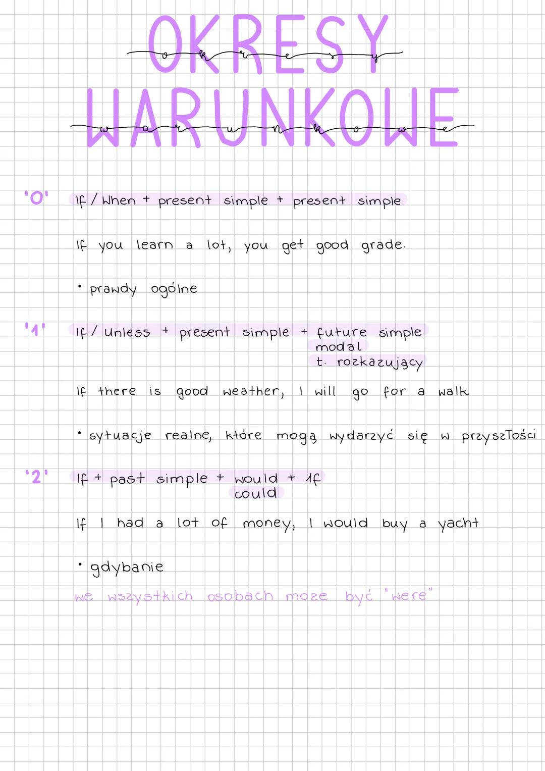 # OKRESY
WARUNKOWE
'0' If/When + present simple + present simple
If you learn a lot, you get good grade.
* prawdy ogólne
'4' If/ Unle