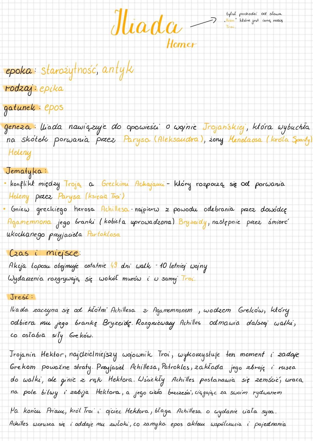 # Iliada
epoka: starożytność, antyk
rodzaj: epika
gatunek: epos
Homer
tytuł pochodzi od słowa
"Ilion" które jest inną nazwą
Troi
genez