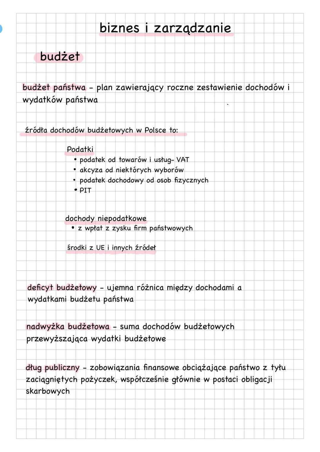 budżet
biznes i zarządzanie
budżet państwa - plan zawierający roczne zestawienie dochodów i
wydatków państwa
źródła dochodów budżetowych