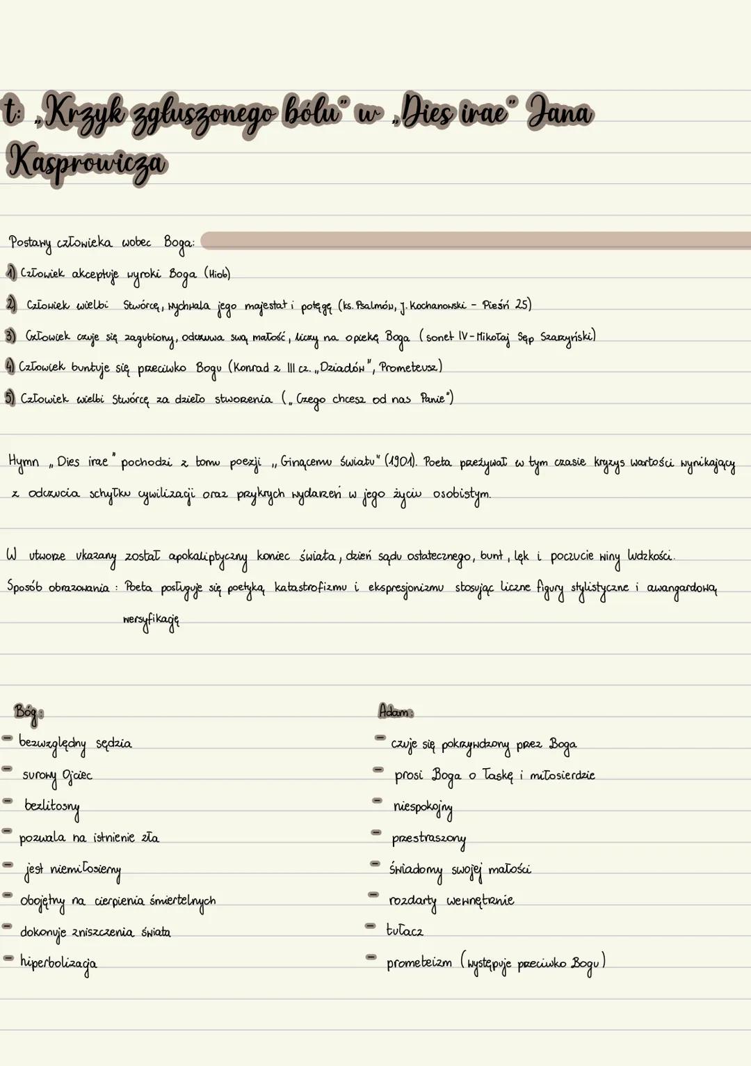 # t. „Krzyk zgłuszonego bólu” w „Dies irae” Jana Kasprowicza
Postawy człowieka wobec Boga:
1. Człowiek akceptuje wyroki Boga (Iliada)
2. C