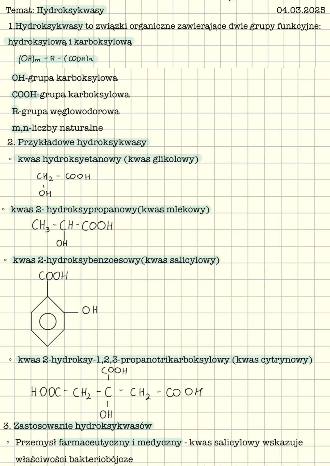 Temat: Hydroksykwasy
04.03.2025
1.Hydroksykwasy to związki organiczne zawierające dwie grupy funkcyjne:
hydroksylową i karboksylową,
$(OH)m-